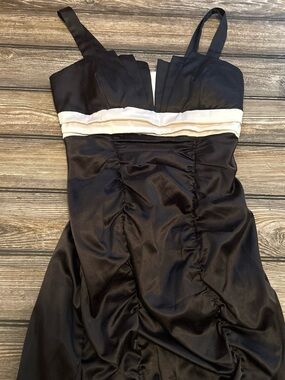 Ruby Rox Black Satin Strapless Dress with Cream Waistband